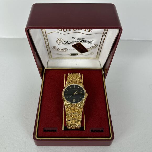 Dufonte by Lucien Piccard Gold Tone Quartz Watch Black Dial w/ Box